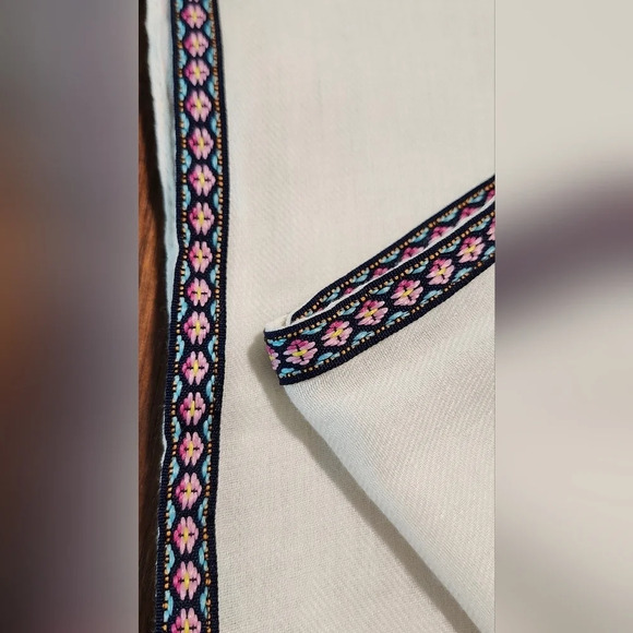 Ivory Infinity Scarf Colorful Ribbon Edging Pink Blue Feminine - Picture 4 of 6